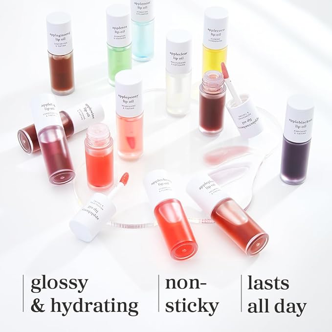 NOONI Korean Lip Oil Set - Appleberry & Applecherry | Long-Lasting, Moisturizing, Plumping, Revitalizing for Dry Lips, Waterproof, No Peel Off, Stocking Stuffers, lip plumper 0.12 FL Oz x 2ea