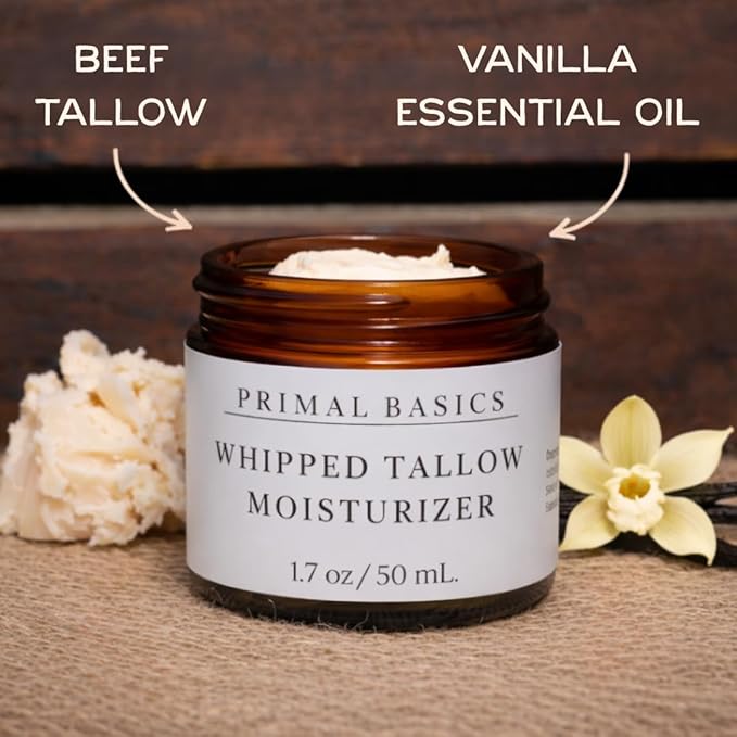Primal Basics 100% Grass Fed Grass Finished Whipped Beef Tallow Moisturizer/Body Balm for Face, Body, Oily, Dry, Sensitive Skin -Contains Vitamins A, D, E, K -USA Made (1.7 oz, Vanilla)