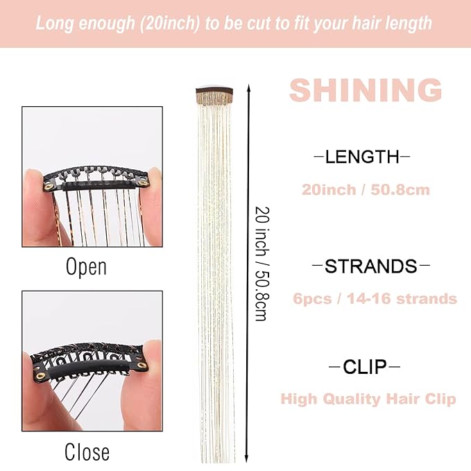 47" Holographic Hair Tinsel Shining Gold Professional Sparkle Heat-Resistant Silk Extensions, Hair Accessories for Girls, Party Hair, Gifts for Girls (6PCs Clip in Hair Tinsel Kit, Shining Gold)