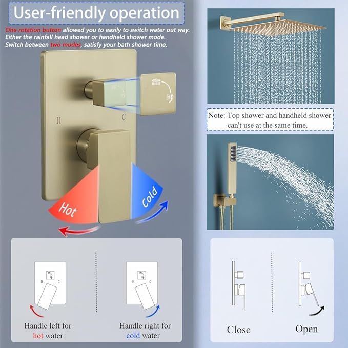 YCAIKOI Shower Faucet Set 16 Inch Wall Mount Rain Shower System, All Metal Shower Fixtures - Brushed Gold