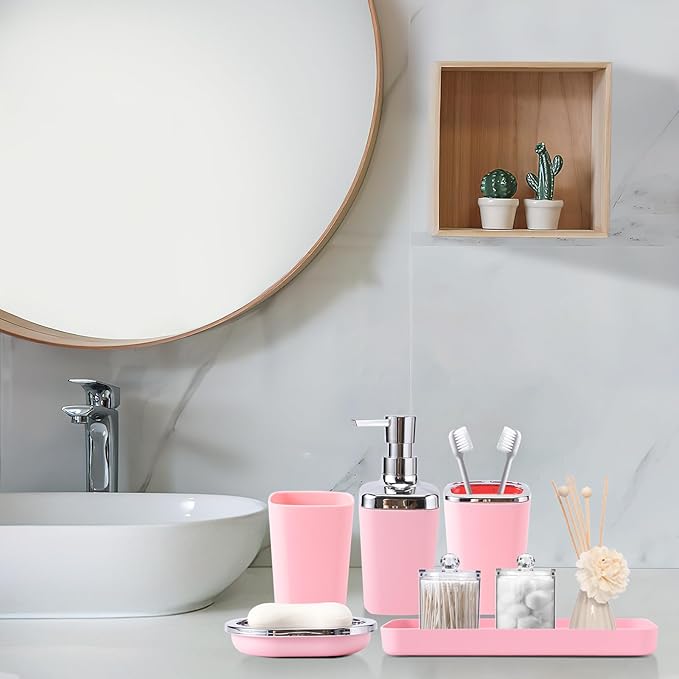 XLHOMO Pink Bathroom Accessories, 24 Pieces Pink Bathroom Accessories Set with Shower Curtain, Bath Towels, Trash Can, Soap Dispenser and Soap Dish for Bathroom/Housewarming