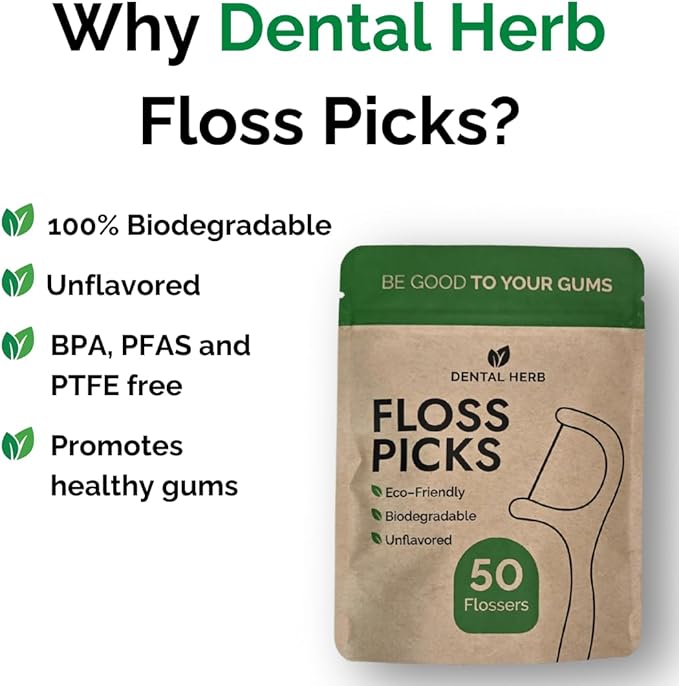 Dental Herb Company Biodegradable Dental Floss Picks, 200 Count (4×50) - Unflavored, Plant-Based, Plastic-Free & BPA-Free Tooth Flossers, Vegan & Eco-Friendly Oral Care