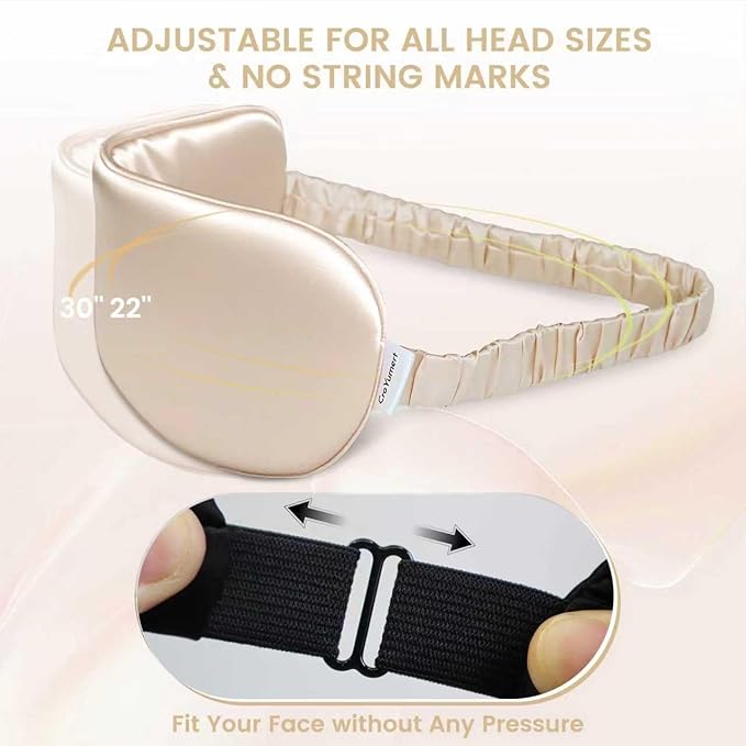 CroYumert 100% Pure Mulberry Silk Eye Mask - 22 Momme Adjustable Strap, Light Blocking, Silk Storage Bag & Gift Box - for Sleep/Travel/Gift, Sensitive Skin Friendly (Champagne)