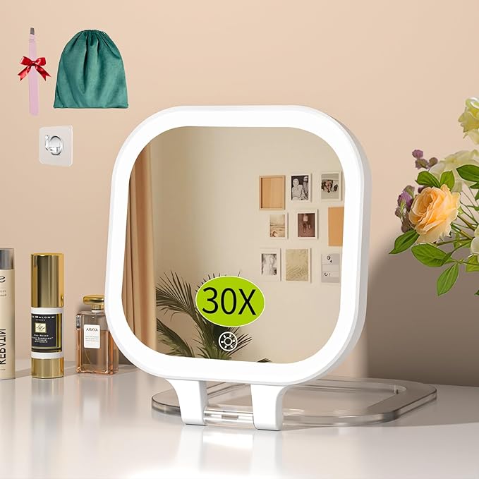 FUNTOUCH 30X Magnification Lighted Makeup Mirror, 7" Rechargeable Double Sided Travel Vanity Mirror with Lights, 3 Color Lights & Adjustable Brightness, 300°Rotation, Gift for Women,White