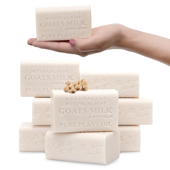 Australian Botanical Soap 6.6 OZ, Pack of 8, Goat Milk Soap Bars with Soya Bean Oil, Enriched with Organic Shea Butter, Suitable for All Skin Types, Packaging May Vary