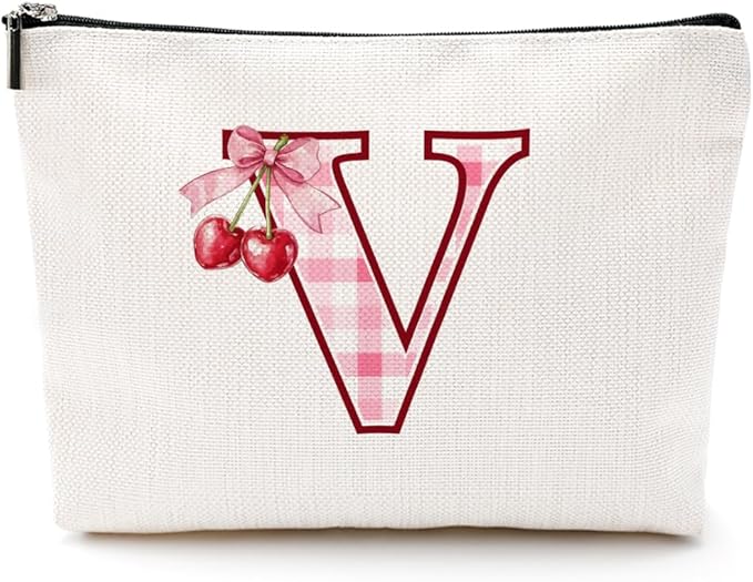 CQM Initial Makeup Bag Monogram Cosmetic Bag Monogrammed Gifts for Women Girls Friends Coworker Teacher Personalized Travel Toiletry Bag Christmas Bridal Shower Wedding Bridesmaid Gifts, Cherry V