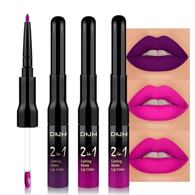 evpct 3Pcs Purple Hot Pink Fuschia Red Matte Lip Liner & Liquid Lipstick Stain Makeup Set for Women, Lip Liner Stain Long Lasting Waterproof Smudge Proof, Cruelty Free Lip Makeup 24 hours originales