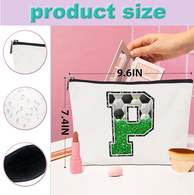 CQM Soccer Gifts Initial Makeup Bag Monogrammed Cosmetic Bag Letter P Zipper Pouch Soccer Accessories for Girls Women Player Coaches Friend Graduation Birthday Gifts
