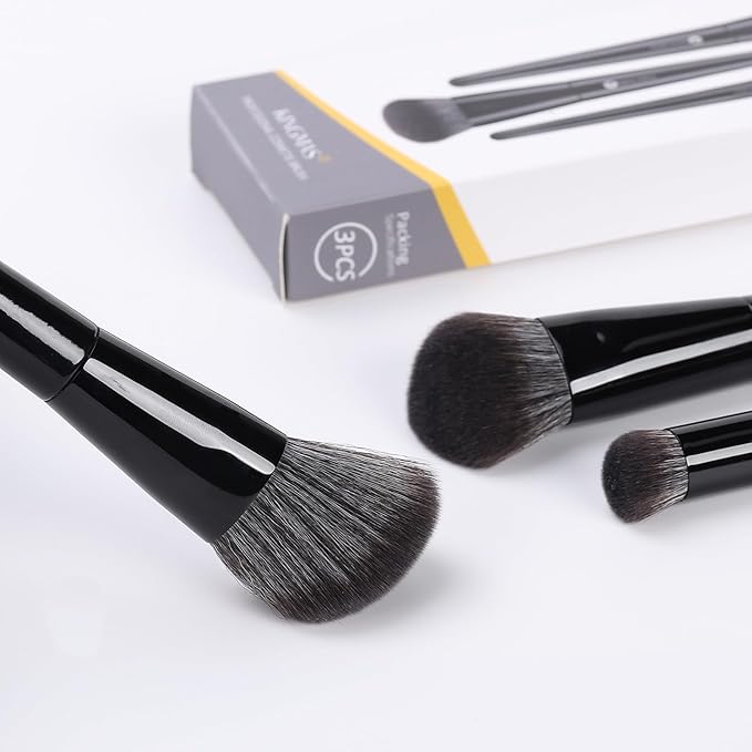KINGMAS Foundation Makeup Brushes, 3Pcs Kabuki Contour Concealer Makeup Brush, Vegan & Cruelty-Free, Synthetic Cosmetic Under Eye & Blusher Face Brush (Black)