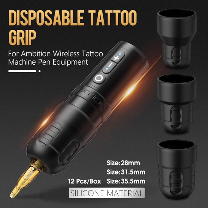Ambition Soldier P3 Disposable Tattoo Grips - 12Pcs 32mm Professional Tattoo Rubber Grip Cover with Click Adjust System Supply for Rotary Soldier, Zetton, Torped & Shura Tattoo Pen Machine Gun