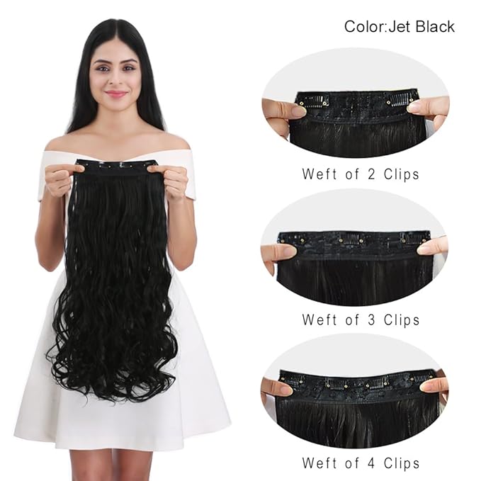 REECHO 24" Curly Wavy 4 Pieces Set Thick Clip in on Hair Extensions Black Brown