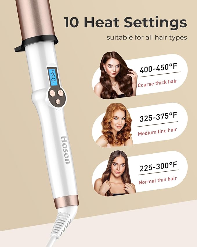 HOSON 1 1/2 Inch Large Curling Wand for Long Hair, 1.5 Inch Ceramic Extral Long Barrel Curling Wand Professional Dual Voltage, Adjustable Temperature