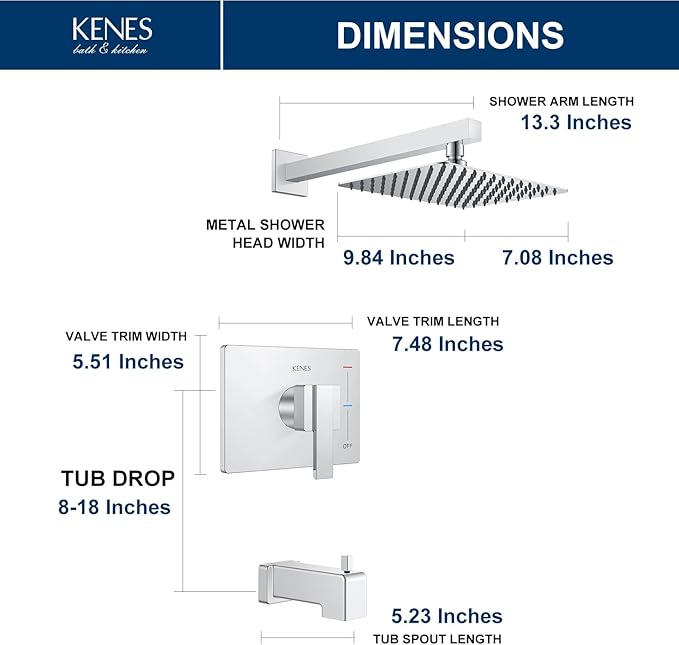 KENES Polished Chrome Tub and Shower Trim Kit, Tub Shower Faucet Set Complete with 10-Inch Rainfall Shower Head and Tub Spout, KE-6024A-5 (Shower Valve Included)