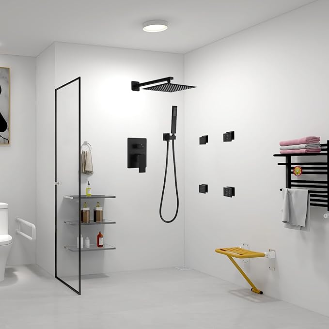 annazom Matte Black Shower Faucet Set with Body Jets 10 Inch Matte Black Shower Head Handheld Shower Combo Set High Pressure Wall Mount with Rough-in Valve