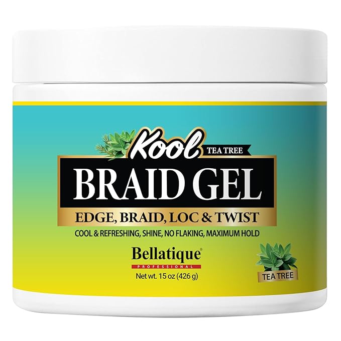 BELLATIQUE KOOL Braiding Gel Maximum Hold for LOC & Twist - No Flaking, No Whitening, Fast Drying, High Shine, Cool & Refreshing, Long Lasting Hold (15 oz)