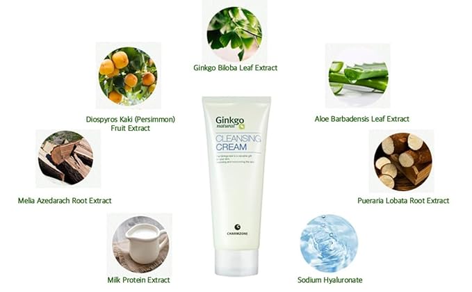 CHARMZONE Ginkgo Natural Cleansing Cream Makeup Remover, Deep Facial Cleanser for All Skin Types, Gentle Hydrating Korean Cleanser with Ginkgo Leaf Extract, Non-Greasy Rinse-Off, 7.06 oz K-Beauty