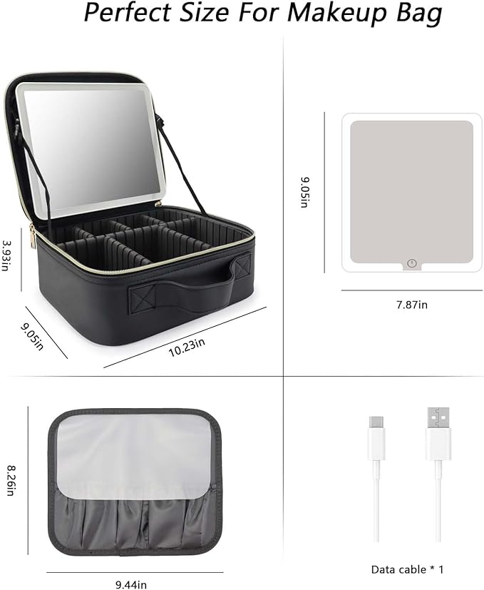 SLUMAZI Travel Makeup Bag with LED Mirror Travel Makeup Organizer with 3 Lighted Settings, Adjustable Dividers and Makeup Brush Storage Bag Black