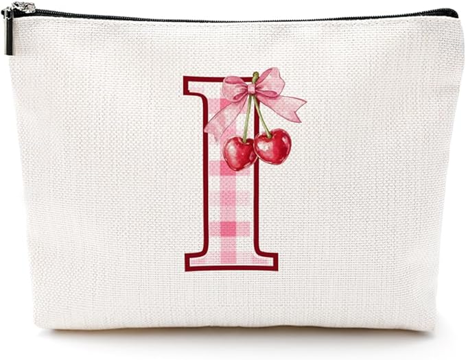 CQM Initial Makeup Bag Monogram Cosmetic Bag Monogrammed Gifts for Women Girls Friends Coworker Wife Personalized Travel Toiletry Bag Christmas Bridal Shower Wedding Bridesmaid Gifts, Cherry I