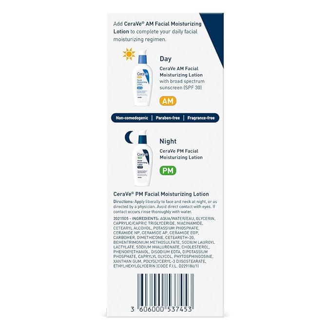 CeraVe PM Facial Moisturizing Lotion, Night Cream with Hyaluronic Acid and Niacinamide, Ultra-Lightweight, Oil-Free Moisturizer for Face, 3 Ounce