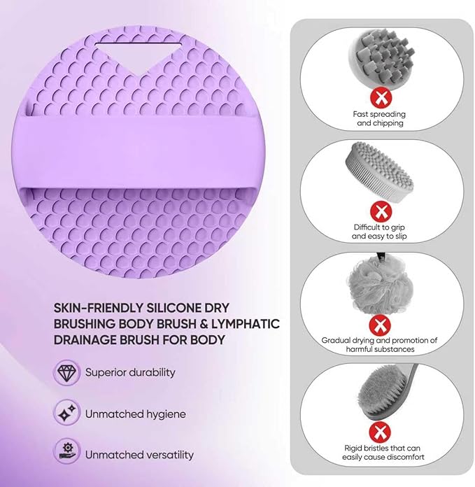 New Upgrade - Silicone Body Scrubber, Anti Zinc Infused - Heavy Nodes, Multifunctional Silicone Loofah for Humid Environment, Shower, Exfoliating, Lymphatic Drainage, Blood Circulation - Purple