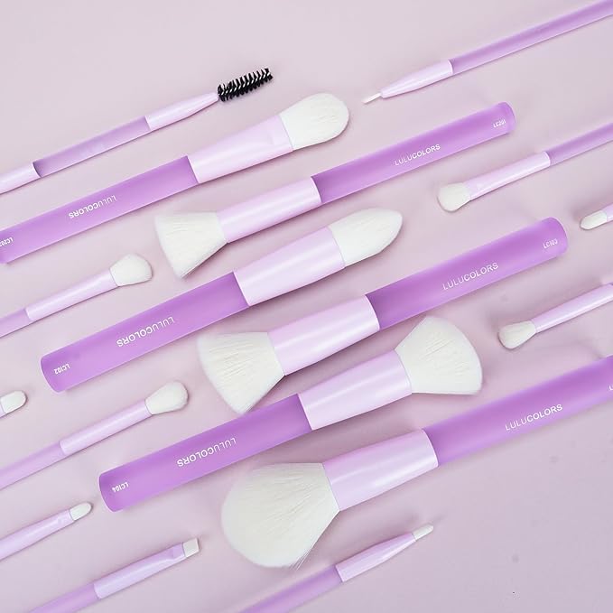 LULUCOLORS 18-Piece Light Purple Professional Makeup Brush Set – Translucent Rubberized Handles, Soft Synthetic Bristles for Face & Eye Makeup–Includes Travel Bag & Sponges, Complete Brush Collection