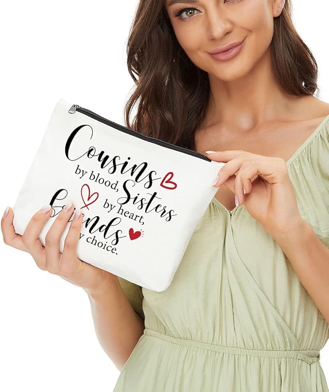 JIUWEIHU Cousin Gifts for Women, Cousin Birthday Gift Cousins by Blood, Sisters by Heart, Friends by Choice hanksgiving Christmas Graduation Wedding Gifts for Women, Girls, Her Cousin Makeup Bag