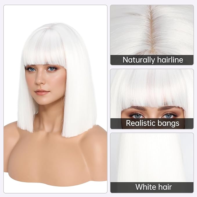 White Wig With Bangs Short Bob Straight Wigs for Women Shoulder Length White Natural Looking Synthetic Heat Resistant Fiber Wigs for Halloween Costumes Cosplay Daily Use(12 Inch)