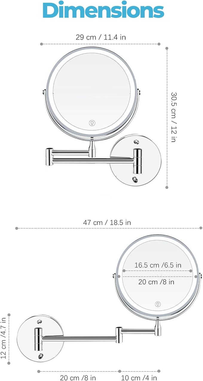 Fab Glass and Mirror Rechargeable Lighted Makeup Mirror 8 Inch, 1x/10x Magnification 3 Color Lights Touch Screen Dimmable 360° Rotation, Wall Mounted Magnifying Mirror Wall Mounted Mirrors (Gold)