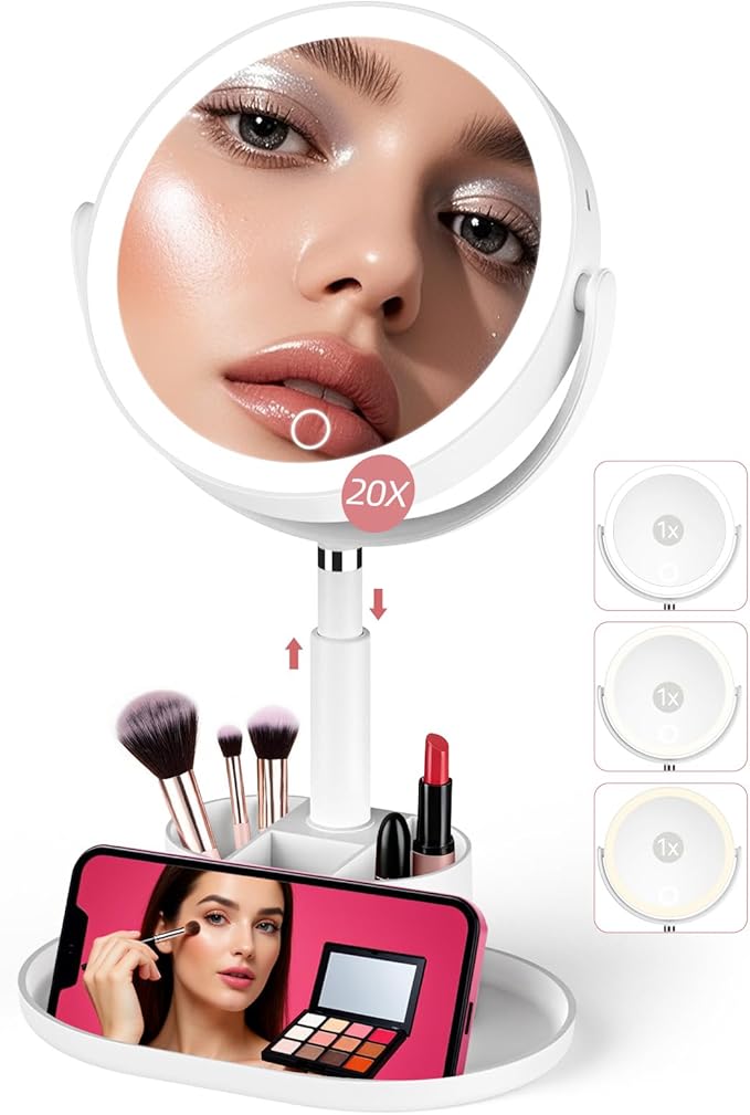 Shinowa Makeup Mirror with Lights, 1X/20X Lighted Makeup Mirror with Storage for Makeup & Jewelry, 2-Sided Height Adjustable Magnifying Mirror with 3 Color Lights, 360° Rotation & Rechargeable, White