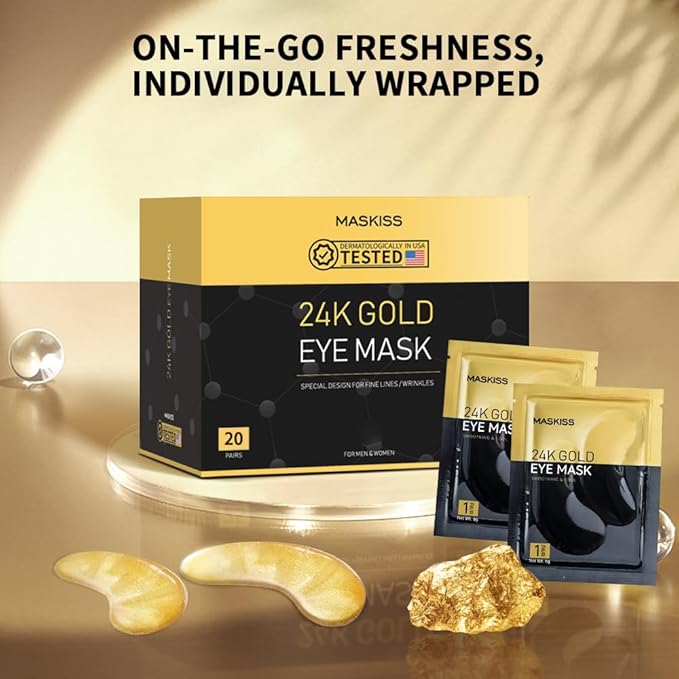 Maskiss 24k Gold Under Eye Patches (20 Pairs), eye mask, Collagen Skin Care Products, Eye Patches for Puffy Eyes, eye masks for dark circles and puffiness
