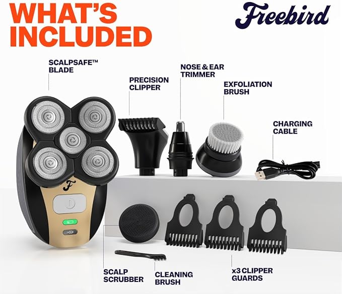 Freebird FlexSeries Electric Head & Body Hair Shaver, Mens Cordless Rechargeable Wet & Dry Skull, Bald Head, Back, Groin Waterproof Razor (FlexSeries, Shaver Kit + Travel Case + Extra Blade)