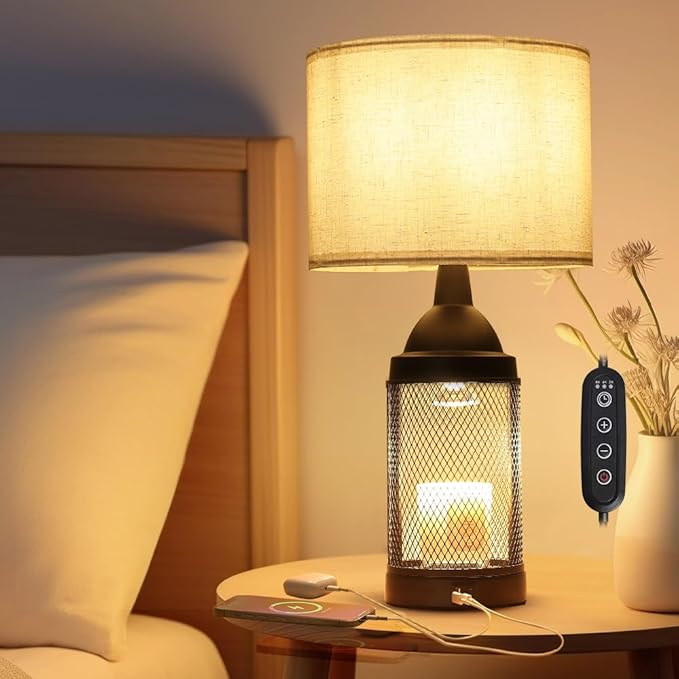 Candle Warmer Lamp for Bedroom,24H Cycle Timer, Dimmable, Dual Charging Port, Wax Melt Warmer with 2 Bulbs,Country Lamps for Bedroom Nightstand with USB&Type-C Ports, Gifts Christmas Birthday (2)