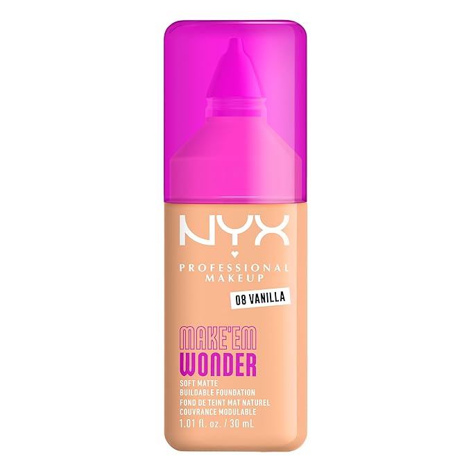 NYX PROFESSIONAL MAKEUP Make 'Em Wonder Liquid Foundation, 24HR Foundation Makeup With A Soft Matte Finish, Buildable Full Coverage - 08 Vanilla