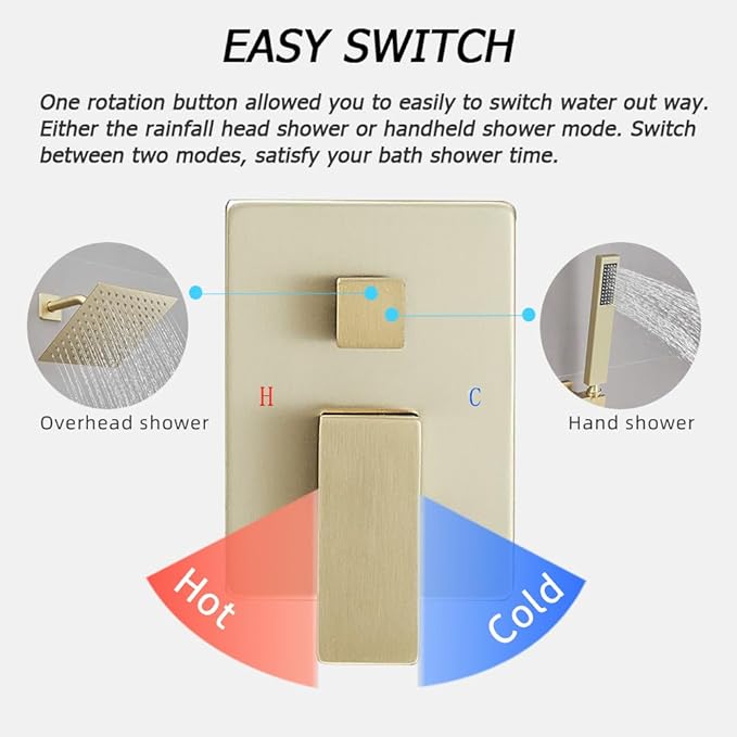 YCAIKOI Brushed Gold Shower System, 8 Inch High Pressure Rain Shower with Handheld, Wall Mount Shower Faucet Set for Bathroom, Rough-in Valve Body and Trim Included
