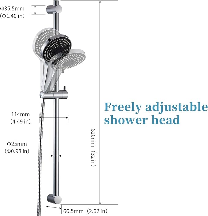 OFFO Shower Slide Bar Combo, Adjustable 33 in Slide Bar with 6-Mode High Pressure Handheld Shower Head and 60 in Stainless Steel Hose, Screw Wall Mounted, Chrome