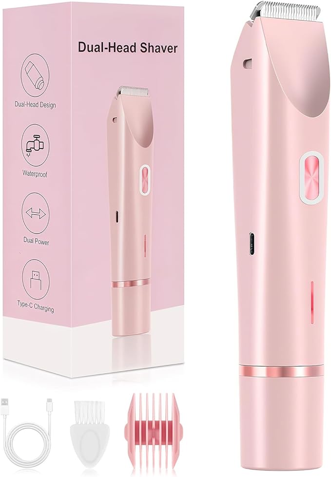 Bikini Trimmer for Women, 2-in-1 Painless Electric Razor with Ceramic Blade, Cordless for Sensitive Skin, Waterproof Dual Head Shaver Women for Facial and Body (Pink)