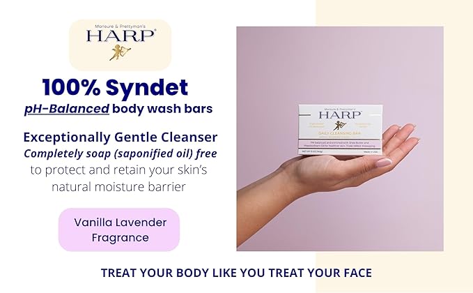 HARP® Vanilla Lavender Body Wash Bar – pH Balanced (5.0–6.0) Syndet Cleanser, Soap-Free & No Lye, Non-Comedogenic, Gentle for Sensitive & Dry Skin, With Shea Butter & Borage Oil. 5oz Bar.