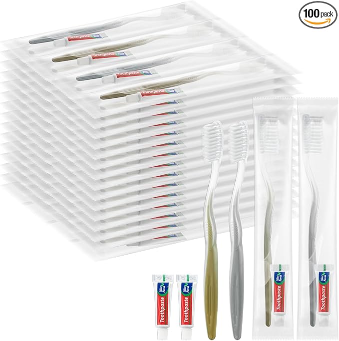 Disposable Toothbrushes with Toothpaste, Gold and Silver Toothbrush Disposable Bulk, Individually Packaged, Suitable for Hotels, Homes, Camping, and Travel (100-PACK)