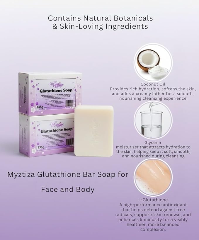 Myztiza Glutathione Bar Soap for Face & Body – Antioxidant Cleanser with Coconut Oil, Glycerin, Cocamide DEA & L-Glutathione – Gentle Hydrating Soap for Smooth, Clear, Radiant Skin – 2 Pack 135g Each