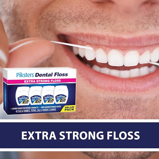 Piksters Dental Floss, 4 Pack (262.4 Yds), Extra Strong Dental Floss, Plaque Remover for Teeth, Shred Resistant, Smooth Gliding, Waxed, Deep Cleaning Teeth Flosser, Oral Care for Adults & Kids