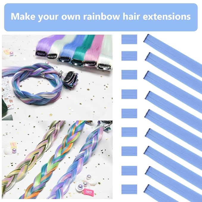 Colored Hair Extensions 14 PCS, 22 In Baby Blue Clip in Hair Extensions Party Highlights, Light Blue Synthetic Hairpieces for Girls Women Kids Gift(Haze Blue)