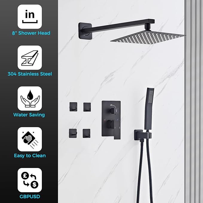 Shower Faucet Set Matte Black Complete Shower System with 8 Inches Rain Shower Head and Handheld Spray Bathroom Rain Shower Faucet Set Rainfall Shower System with Shower Valve（RY3-LYQ2-Black）
