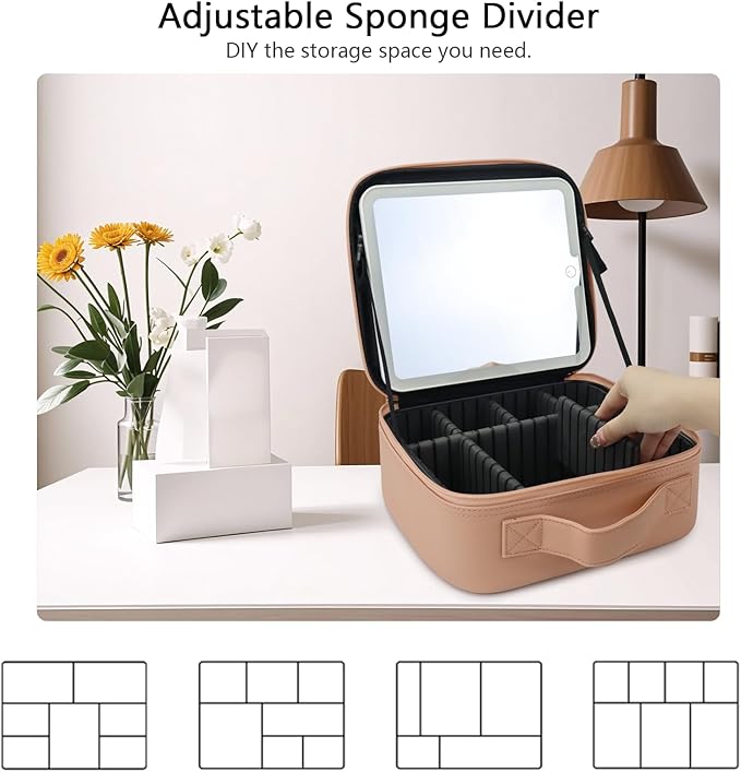 SLUMAZI Travel Makeup Bag with LED Mirror Travel Makeup Organizer with 3 Lighted Settings, Adjustable Dividers and Makeup Brush Storage Bag Khaki