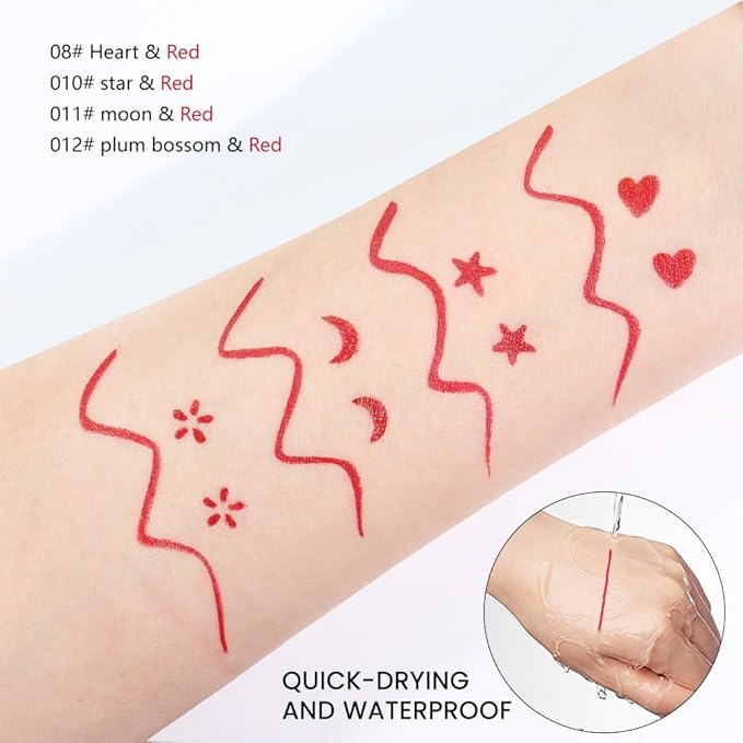BINGBRUSH Double-head Liquid Star Eyeliner Red Stamp Pencil, Colors Flowers Heart Moon Shapes Face Stamps Makeup Colorful Waterproof Slim Gel Felt Tip High Pigment Liquid Eyeliner (11#Moon&Red)