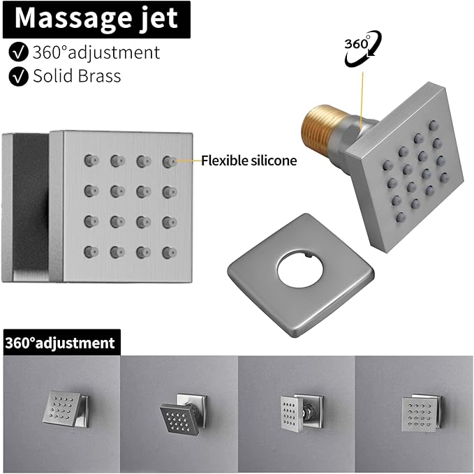 HONGTONGSOWER Bathroom Rainfall Shower System Wall Mount 8 Inch Shower Head With Handled Spray 6 Pcs jets Temperature Display Shower Faucet Set (Brushed Nickel)