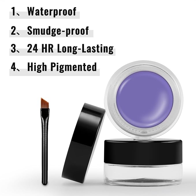 Erinde Lavender Purple Gel Eyeliner, Waterproof Long Lasting Cream Eyeliner Gel Pot, High-Intensity Pigments Smudge-Proof Eye Liner Makeup, Water-Resistant Eye Liner with 2PCS Brushes, 11