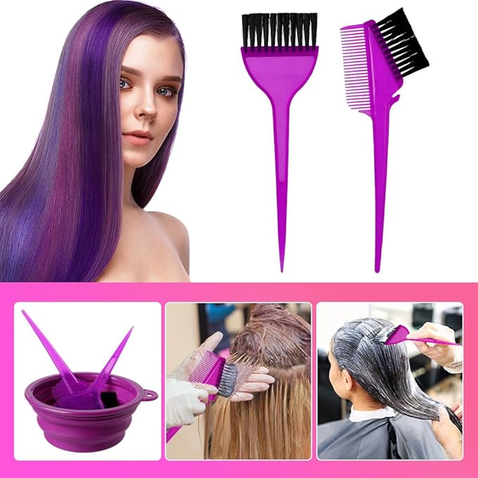 Hair Dye Color Brush and Bowl Set, Color Bowl Brushes Tool Mixing Bowl Kit Tint Comb for Hair Tint Dying Coloring Applicator (Purple)