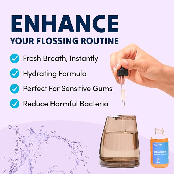 Concentrated Floss Drop Serum – 2oz Concentrated Mouth Wash to Use in Water Flosser | Natural Essentials Promotes Good Breath | Organic Drop Provides Good Oral Health (Grape Flavor)