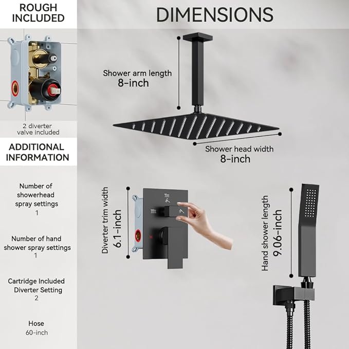 Shower Faucet Set Matte Black Shower System, Starbath 8" Rain Shower Head and Handheld Spray Shower Set Complete Ceiling Mounted,2 Way Pressure Balance Shower Valve and Trim Kit Included