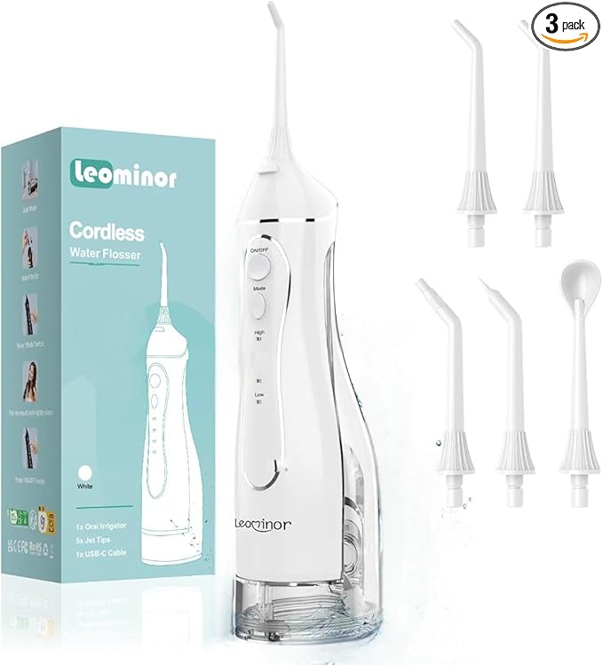Leominor Water Dental Flosser Pick for Teeth, 300ML Portable Oral Irrigator Upgraded Tank Removable,IPX7 Waterproof, Rechargeable Travel Teeth Cleaner, Professional Electric Flossing (White)